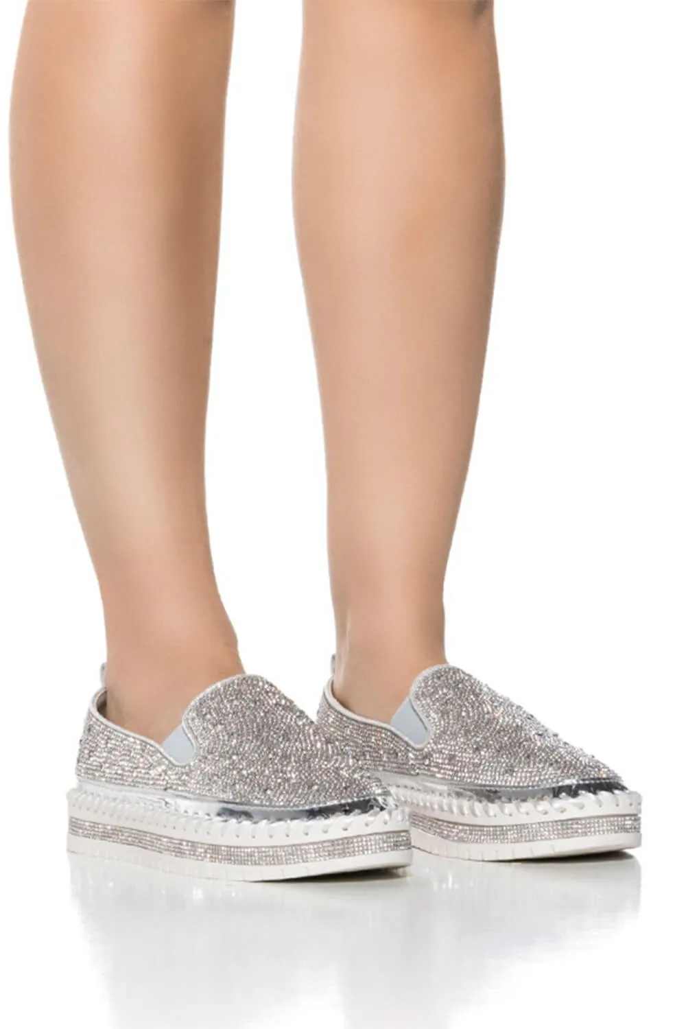 Azalea Wang Brittany Rhinestone Slip On Shoes for Women in Silver  | BRITTANY-SILVER
