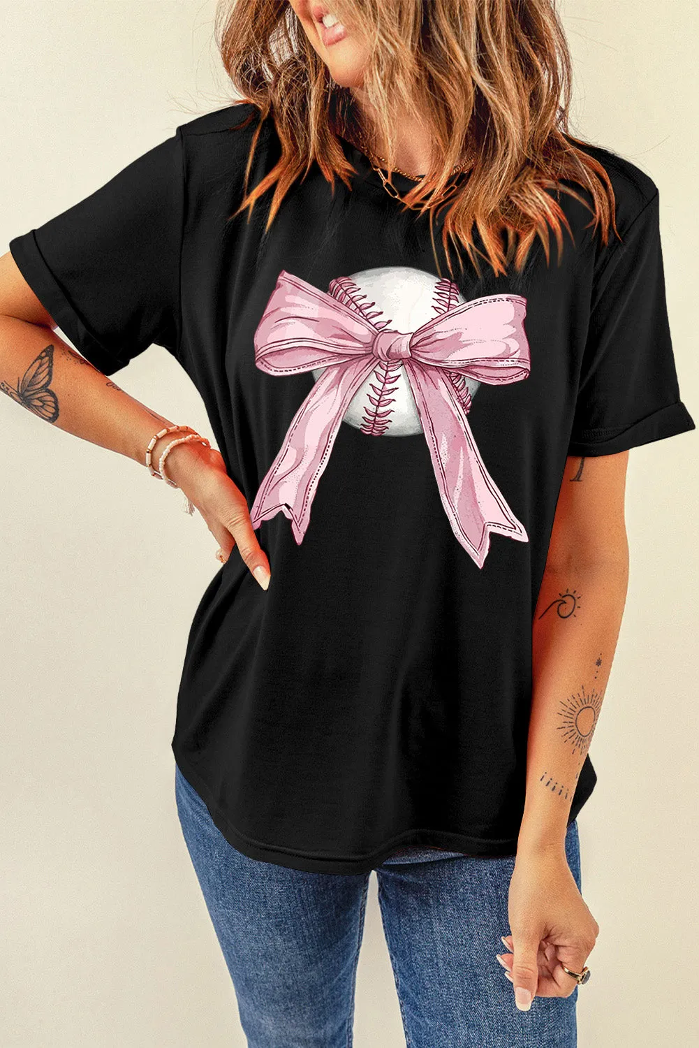 Black Baseball Bow Knot Print Round Neck T Shirt