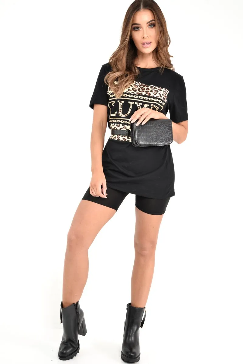 Black Leopard Print Luxe Slogan T-Shirt - Cayleigh