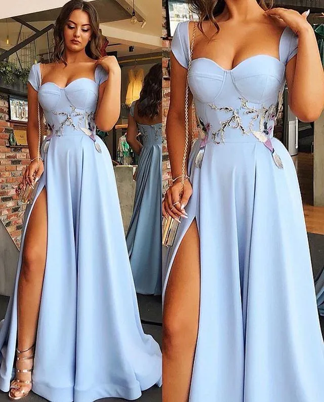 Blue A-line Sweetheart Beads Off-shoulder Side-slit Long Prom Dresses, PD0910
