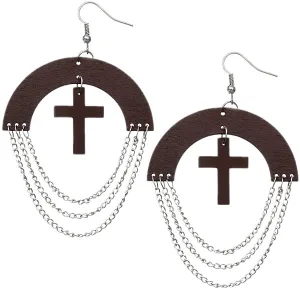 Brown Wooden Chain Link Cross Earrings
