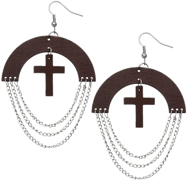 Brown Wooden Chain Link Cross Earrings