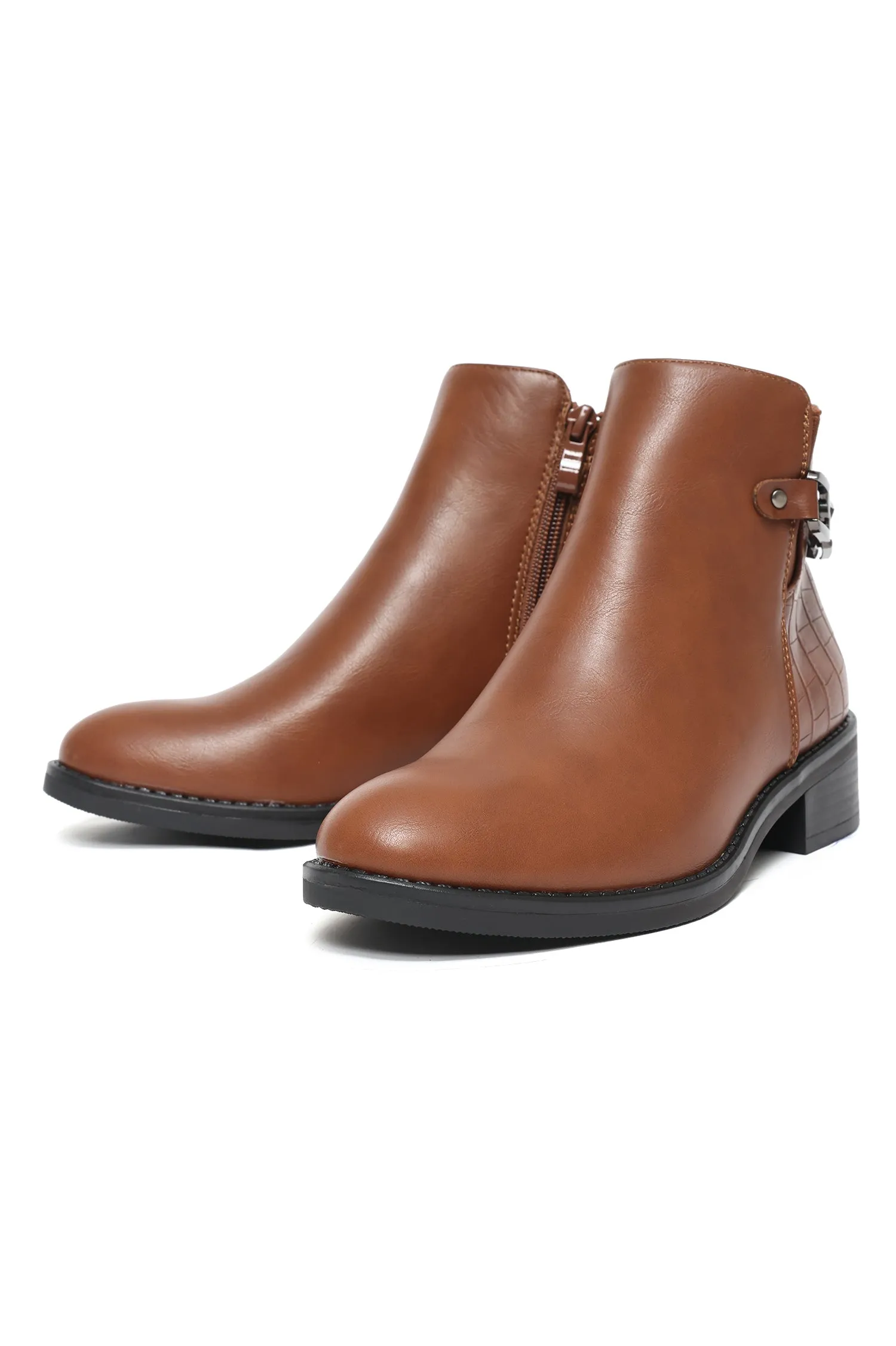 Buckle Detail Ankle Boots-Tan