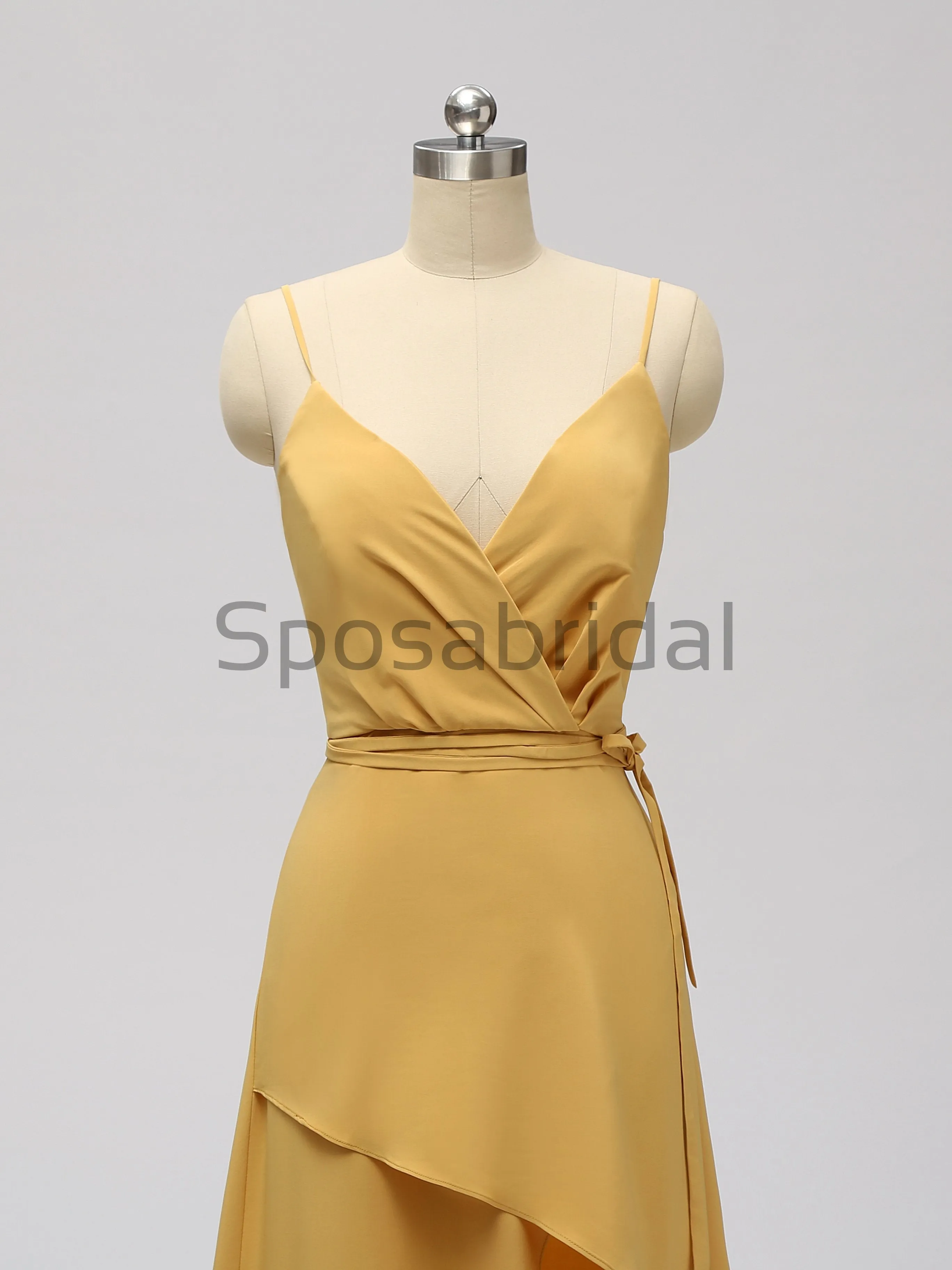 Charming V-neck Spaghetti Strap Yellow Long Prom Dresses Side-slit, PD0993