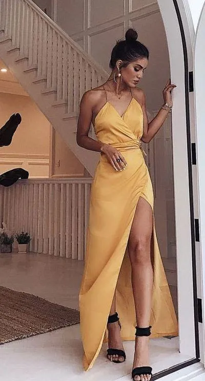Charming V-neck Spaghetti Strap Yellow Long Prom Dresses Side-slit, PD0993