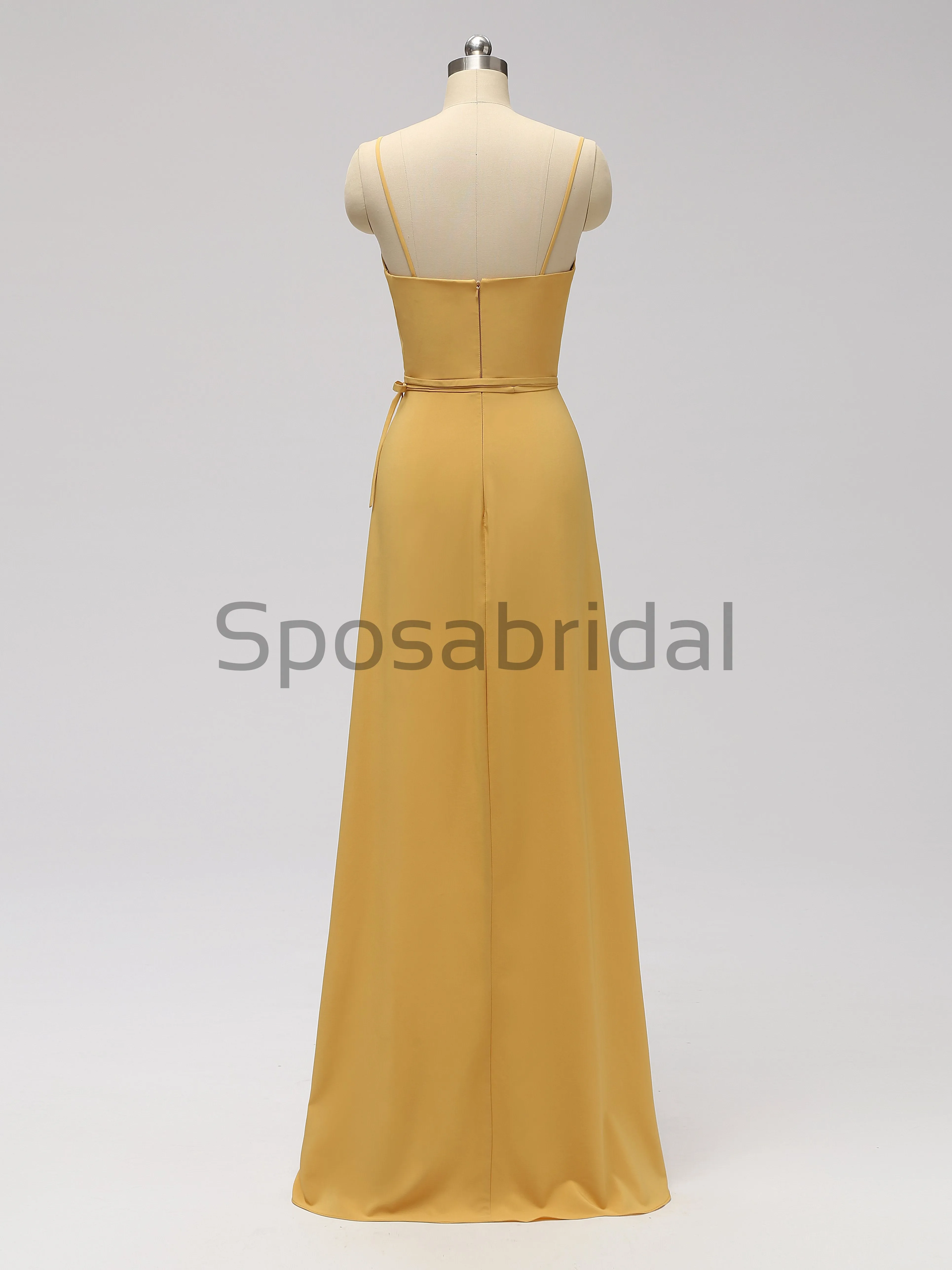 Charming V-neck Spaghetti Strap Yellow Long Prom Dresses Side-slit, PD0993