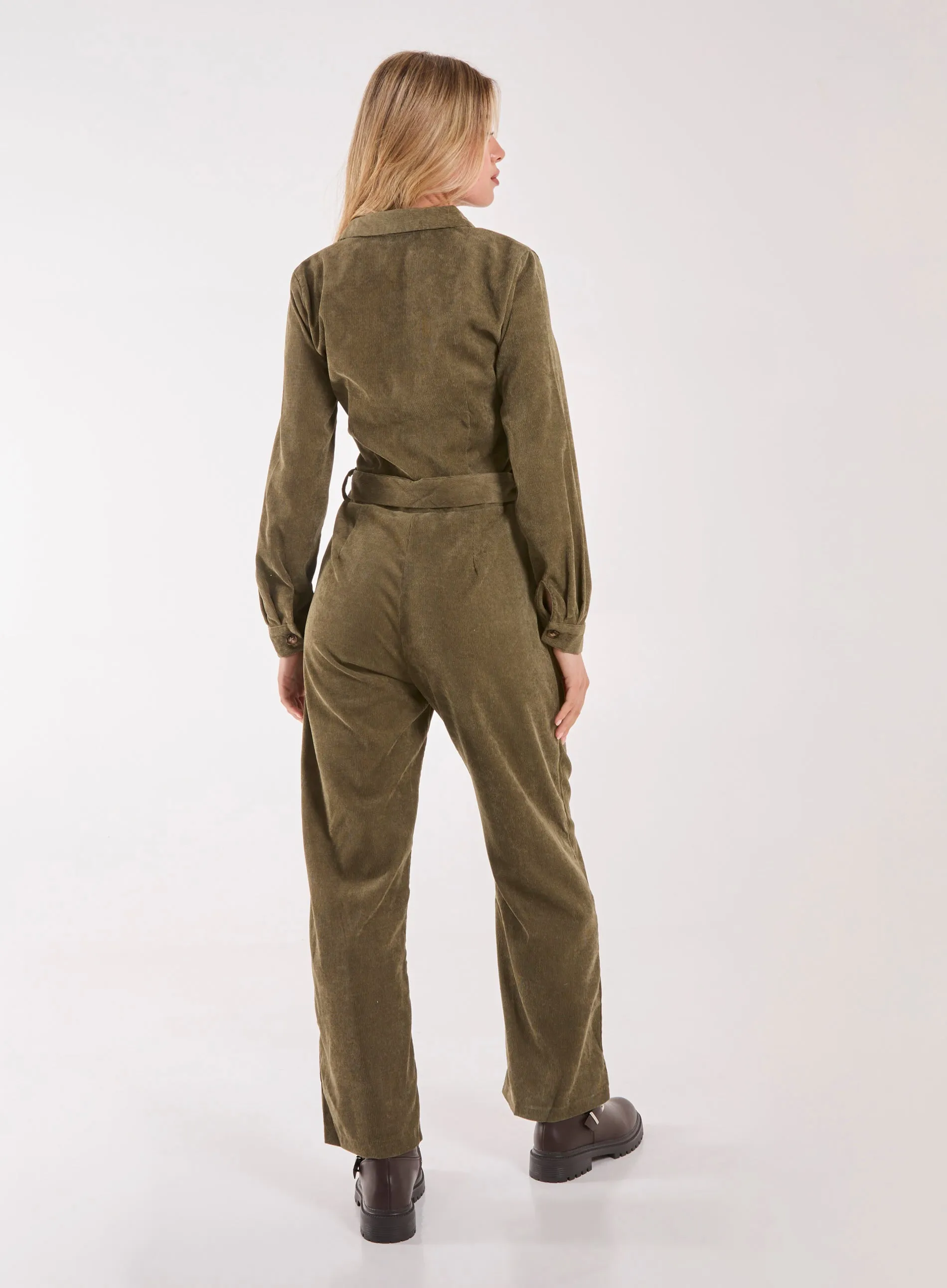 Corduroy Collar Long Sleeve Button Boilersuit