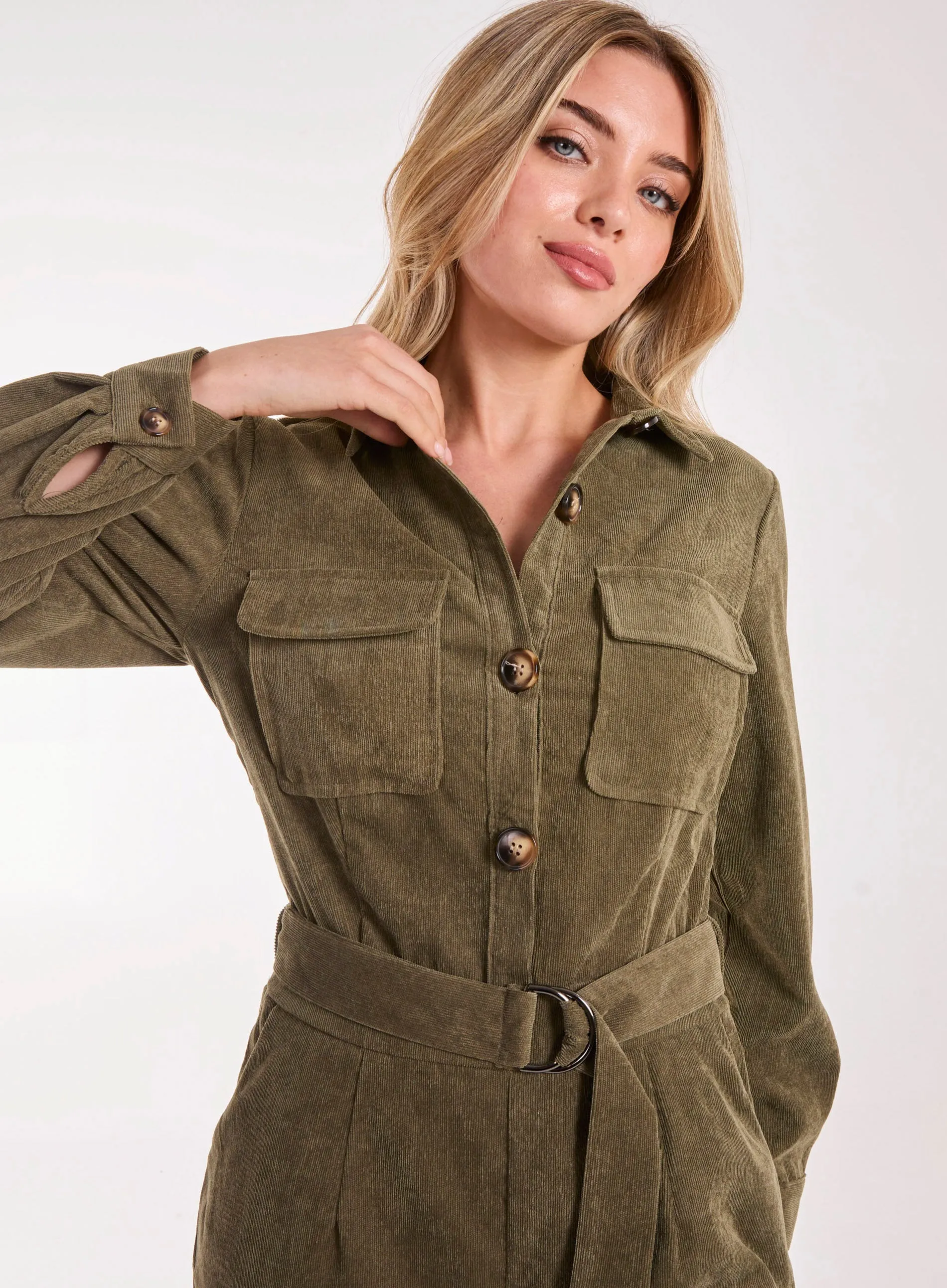 Corduroy Collar Long Sleeve Button Boilersuit