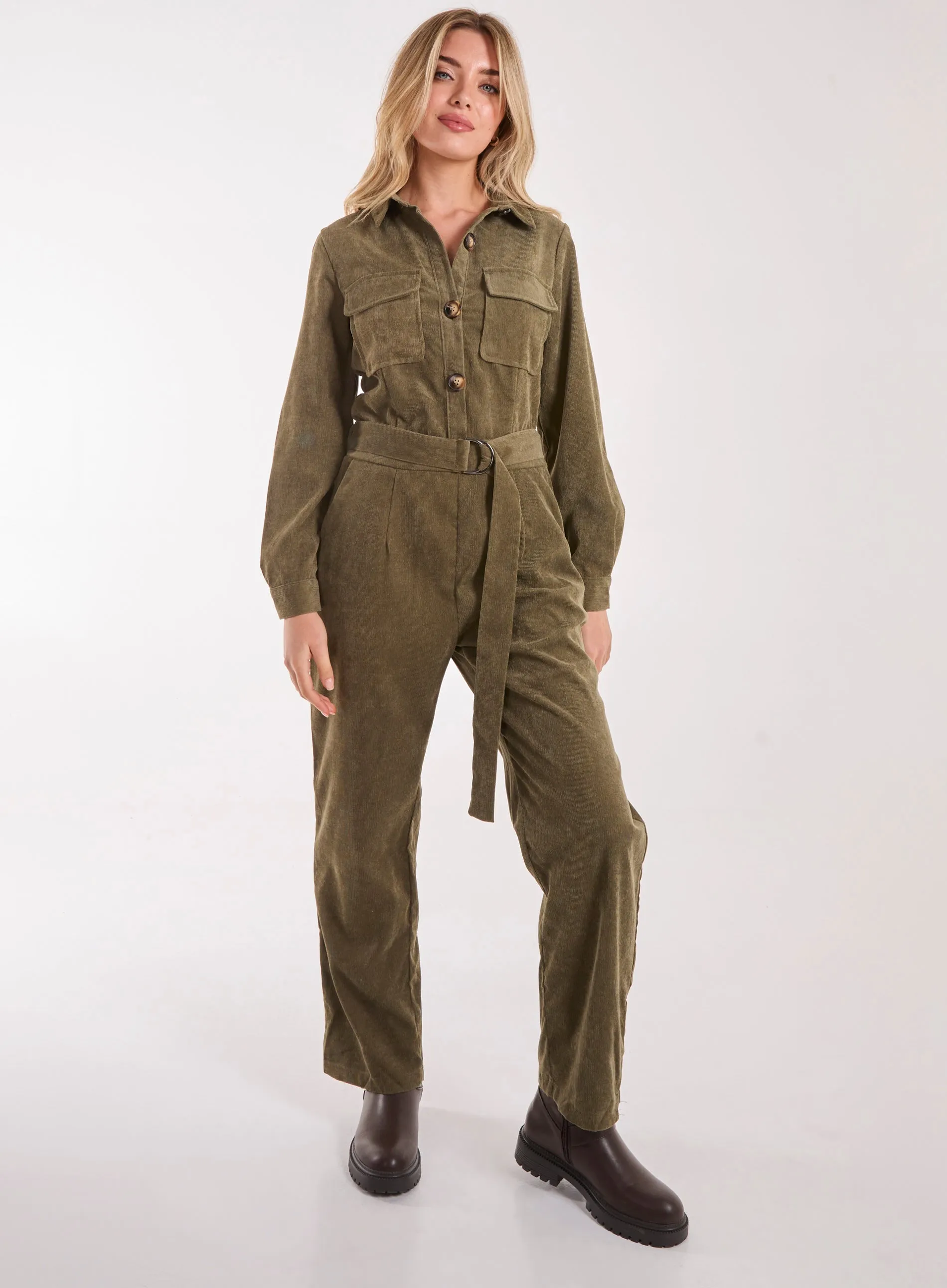 Corduroy Collar Long Sleeve Button Boilersuit