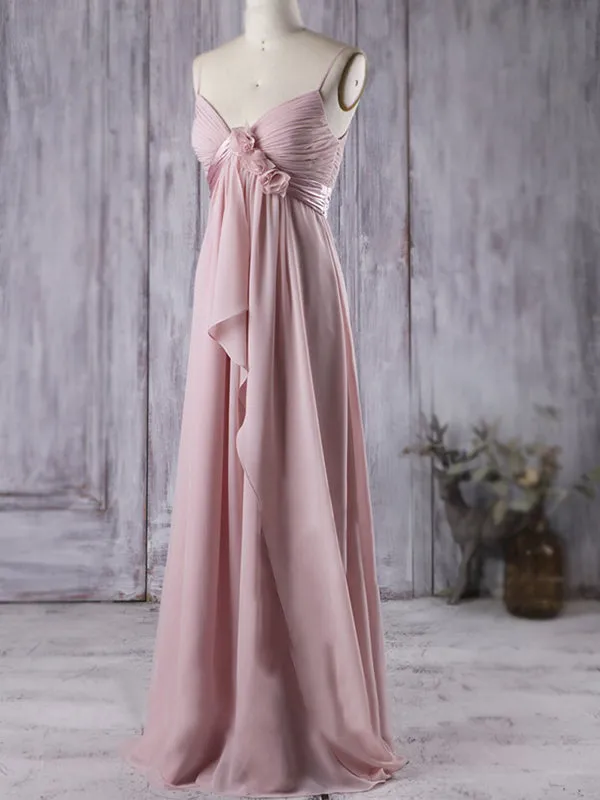 Dusty Pink Spaghetti Straps V-neck Rose Chiffon Pleats A-line Long Bridesmaid Dress, BD3226