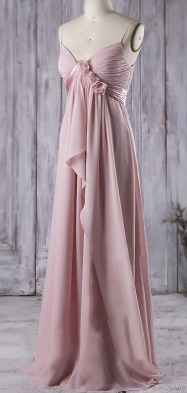 Dusty Pink Spaghetti Straps V-neck Rose Chiffon Pleats A-line Long Bridesmaid Dress, BD3226