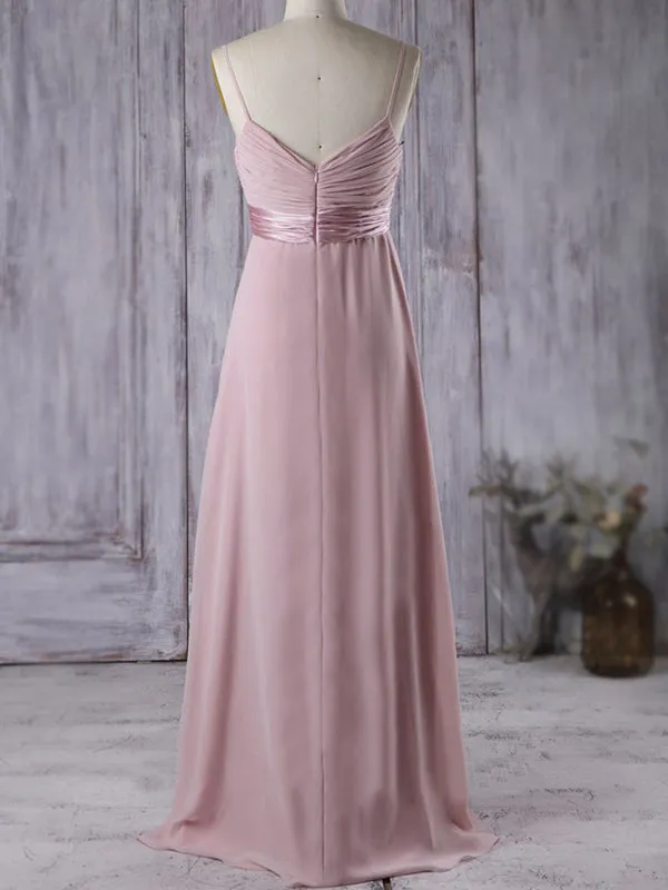 Dusty Pink Spaghetti Straps V-neck Rose Chiffon Pleats A-line Long Bridesmaid Dress, BD3226