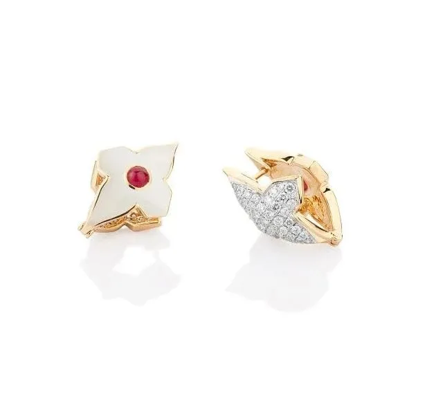 Farah Khan 18K Yellow Gold Diamond Ruby White Ceramic Flip Earrings