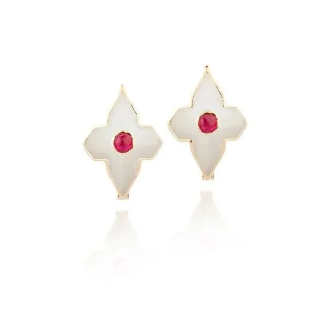 Farah Khan 18K Yellow Gold Diamond Ruby White Ceramic Flip Earrings