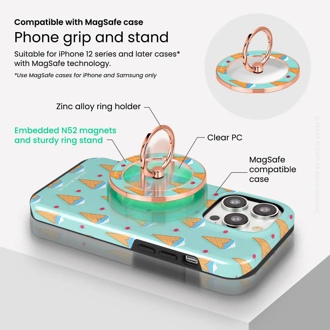 Fujisan Lake Blue Ice Cream - Rose Gold MagSafe Phone Grip and Ring Holder Stand