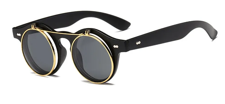 Gafas Fashion Lentes Flip Vintage estilo SteamPunk Hipsters Retro Cool de Sol Protección UV400 Armazón Acetato Negro con Metal