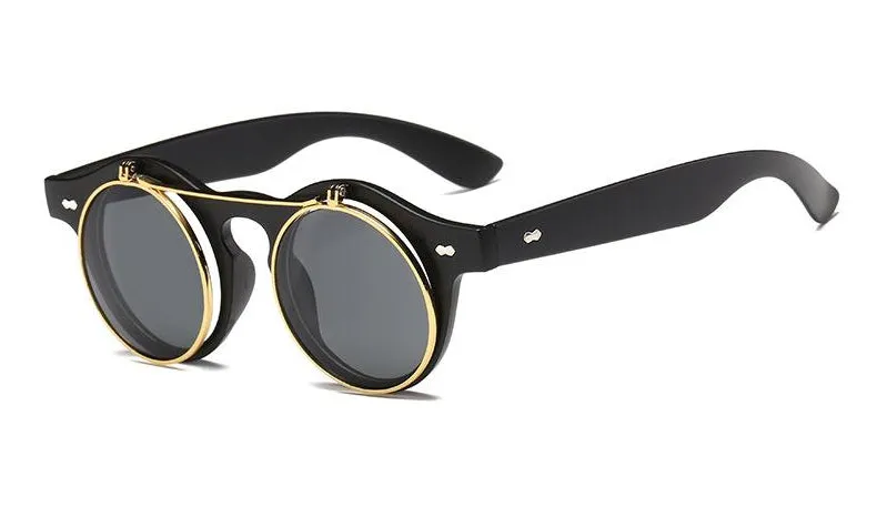 Gafas Fashion Lentes Flip Vintage estilo SteamPunk Hipsters Retro Cool de Sol Protección UV400 Armazón Acetato Negro con Metal
