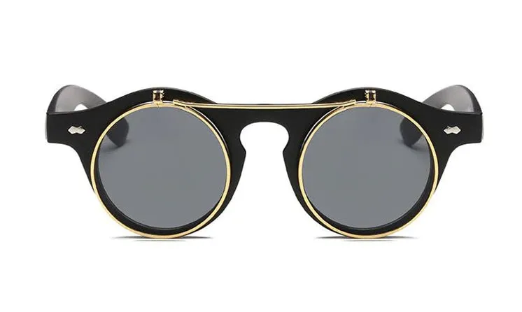 Gafas Fashion Lentes Flip Vintage estilo SteamPunk Hipsters Retro Cool de Sol Protección UV400 Armazón Acetato Negro con Metal