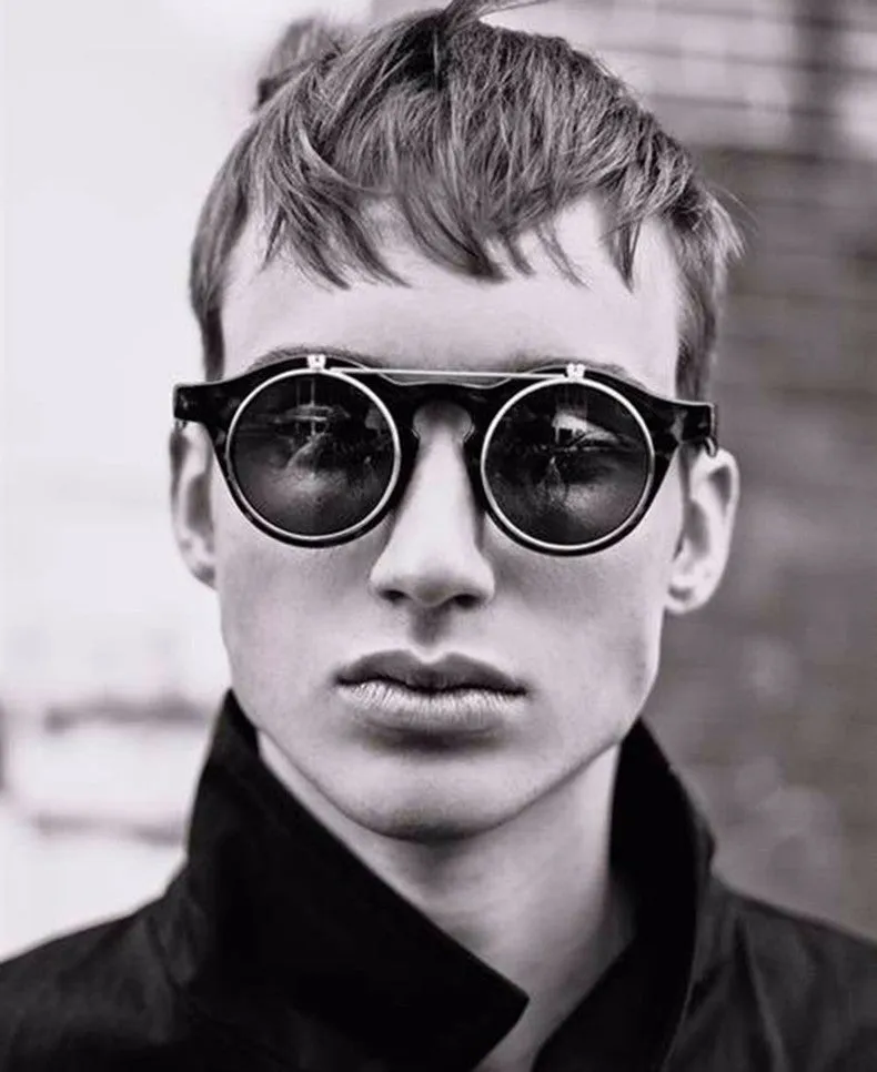 Gafas Fashion Lentes Flip Vintage estilo SteamPunk Hipsters Retro Cool de Sol Protección UV400 Armazón Acetato Negro con Metal