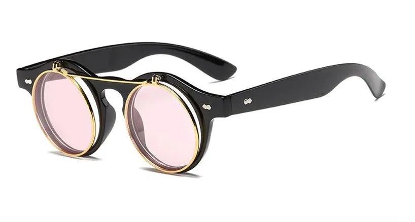 Gafas Fashion Lentes Flip Vintage estilo SteamPunk Hipsters Retro Cool de Sol Protección UV400 Armazón Acetato Negro con Metal