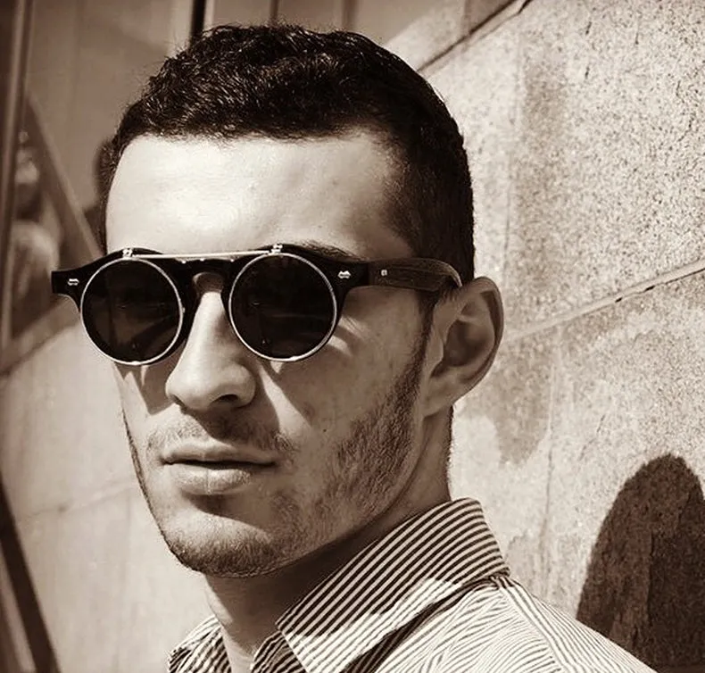 Gafas Fashion Lentes Flip Vintage estilo SteamPunk Hipsters Retro Cool de Sol Protección UV400 Armazón Acetato Negro con Metal