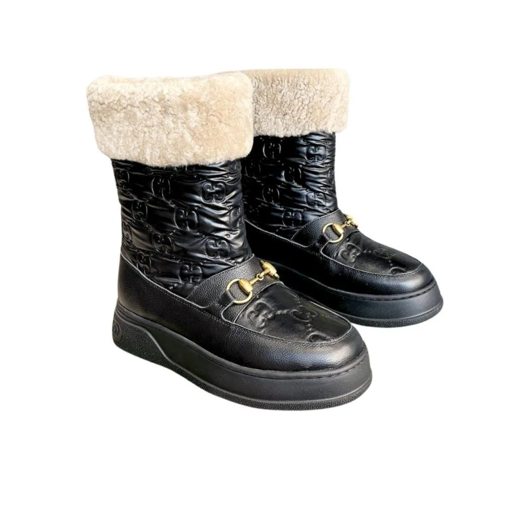GG 1955 HORSEBIT SNOW BOOTS JACQUARD FABRIC BLACK LEATHER