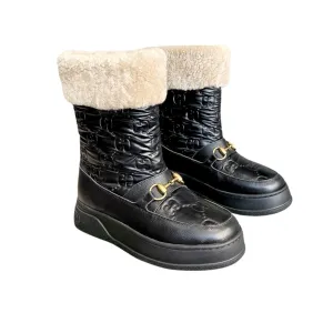 GG 1955 HORSEBIT SNOW BOOTS JACQUARD FABRIC BLACK LEATHER