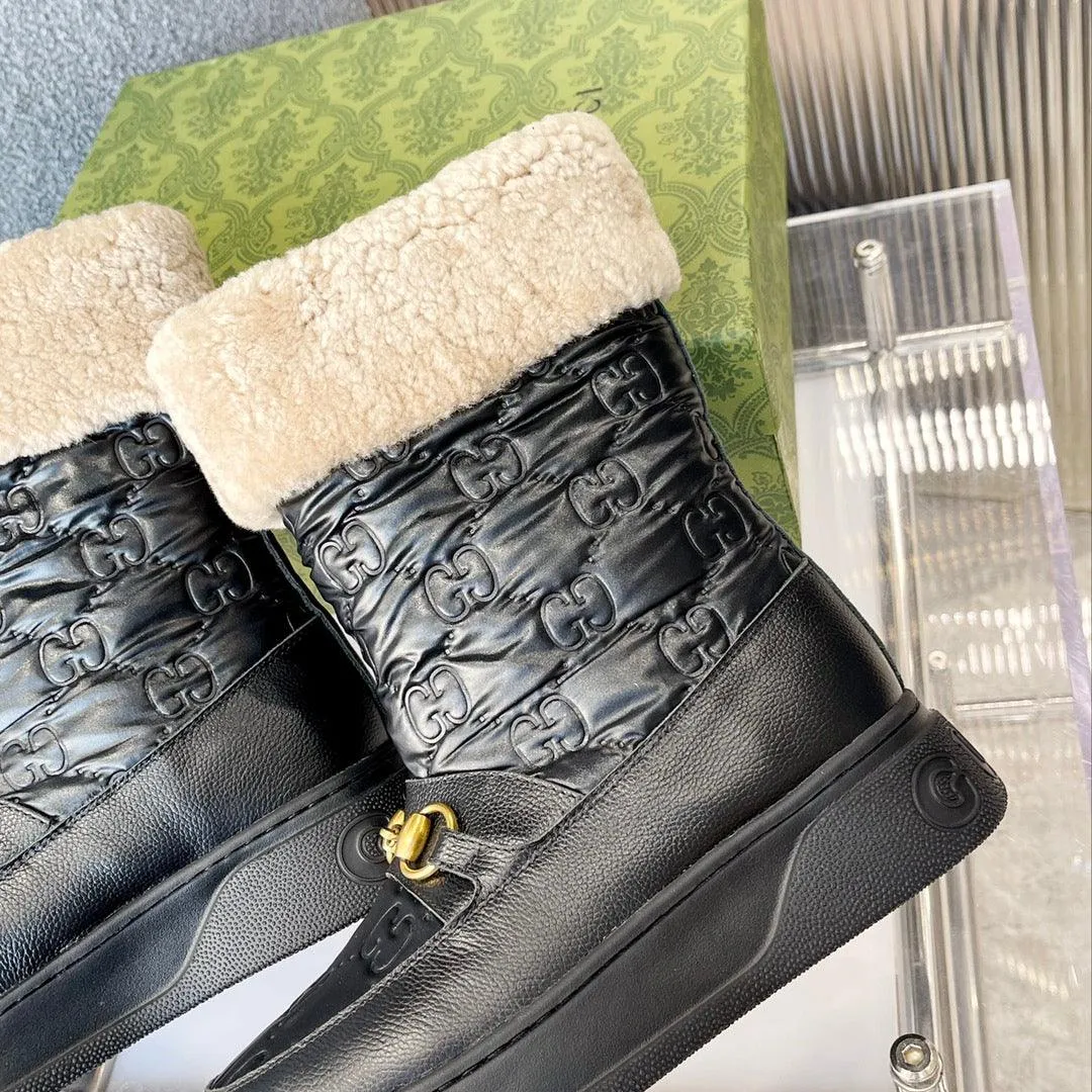 GG 1955 HORSEBIT SNOW BOOTS JACQUARD FABRIC BLACK LEATHER