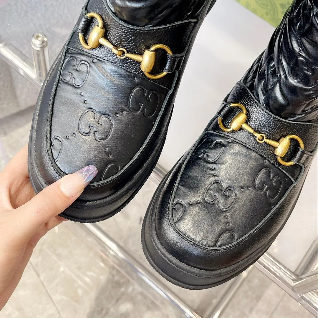 GG 1955 HORSEBIT SNOW BOOTS JACQUARD FABRIC BLACK LEATHER