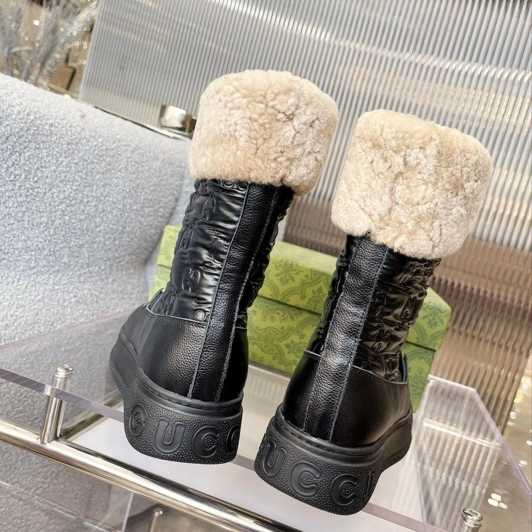 GG 1955 HORSEBIT SNOW BOOTS JACQUARD FABRIC BLACK LEATHER