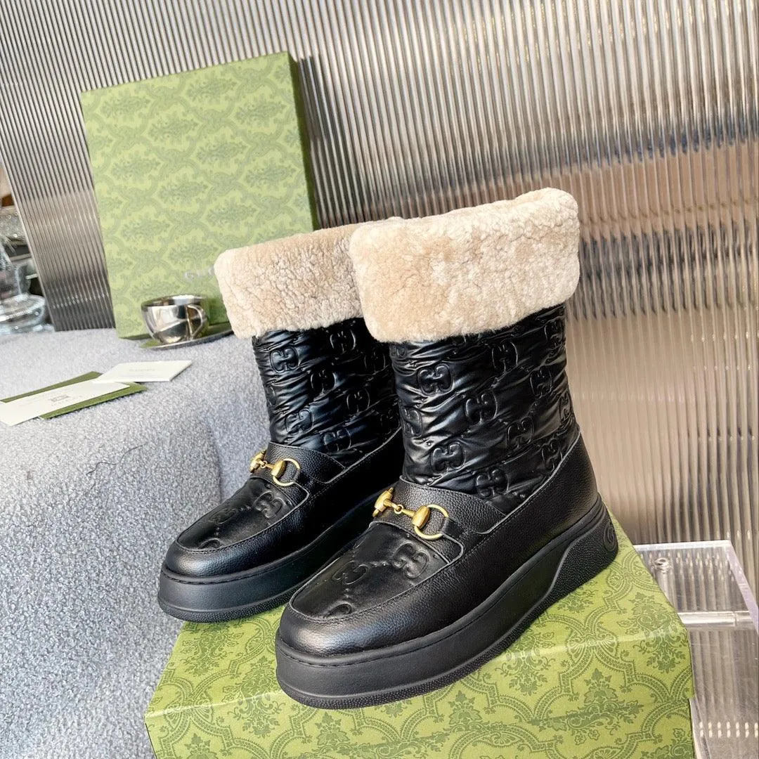 GG 1955 HORSEBIT SNOW BOOTS JACQUARD FABRIC BLACK LEATHER