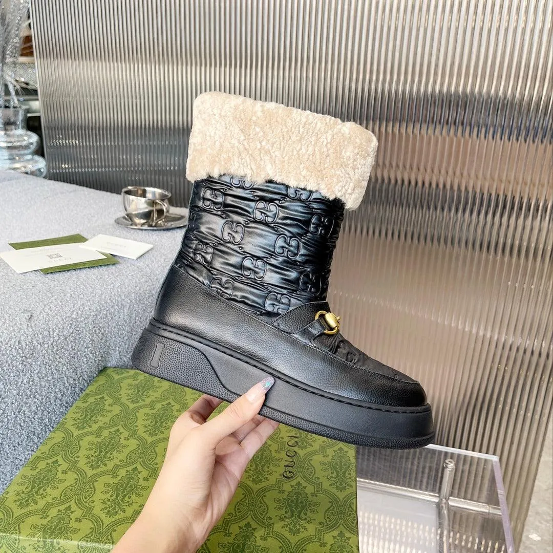 GG 1955 HORSEBIT SNOW BOOTS JACQUARD FABRIC BLACK LEATHER