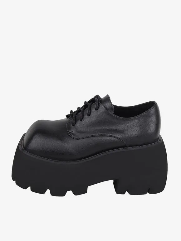 Gothic Lolita Footwear Black Lace Up PU Leather Wedge Heel Lolita Shoes