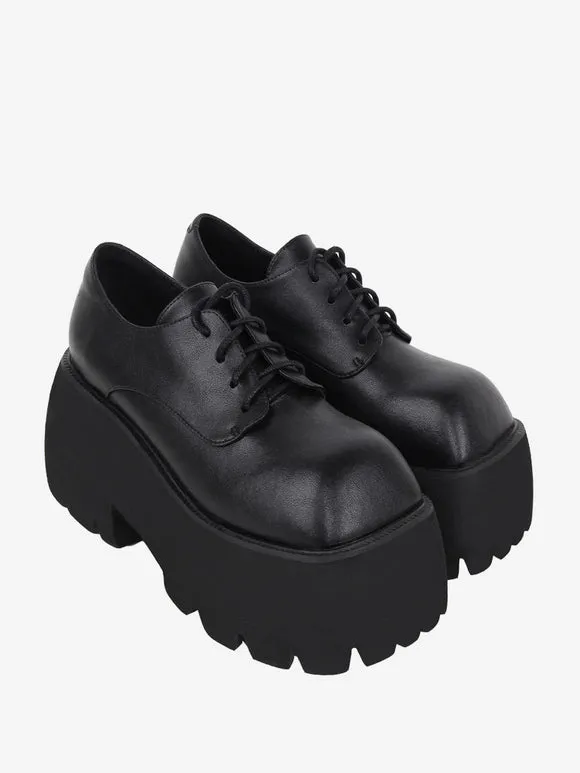 Gothic Lolita Footwear Black Lace Up PU Leather Wedge Heel Lolita Shoes