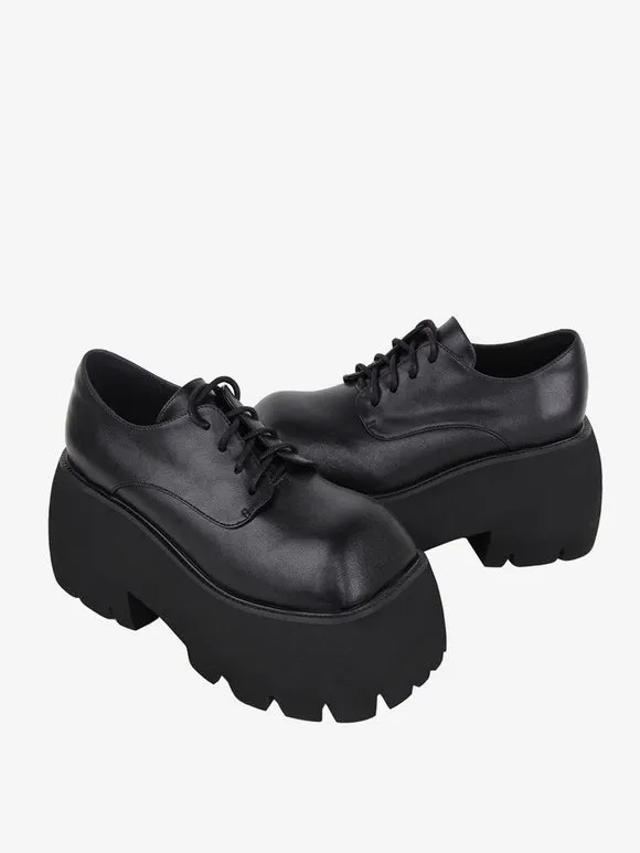 Gothic Lolita Footwear Black Lace Up PU Leather Wedge Heel Lolita Shoes