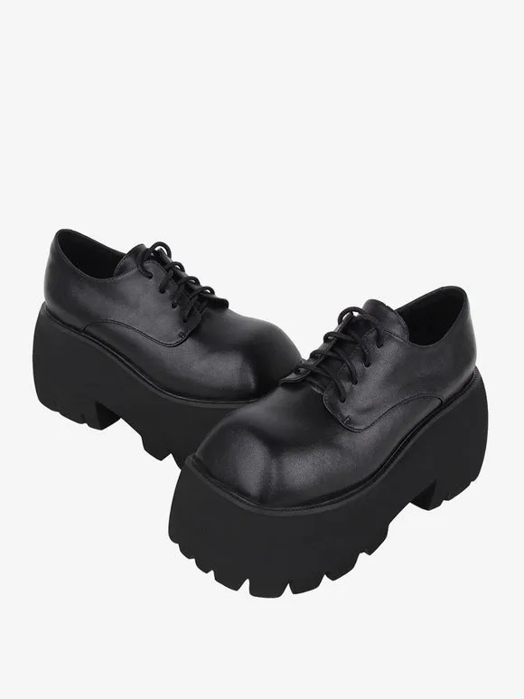Gothic Lolita Footwear Black Lace Up PU Leather Wedge Heel Lolita Shoes