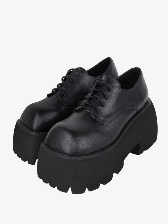 Gothic Lolita Footwear Black Lace Up PU Leather Wedge Heel Lolita Shoes