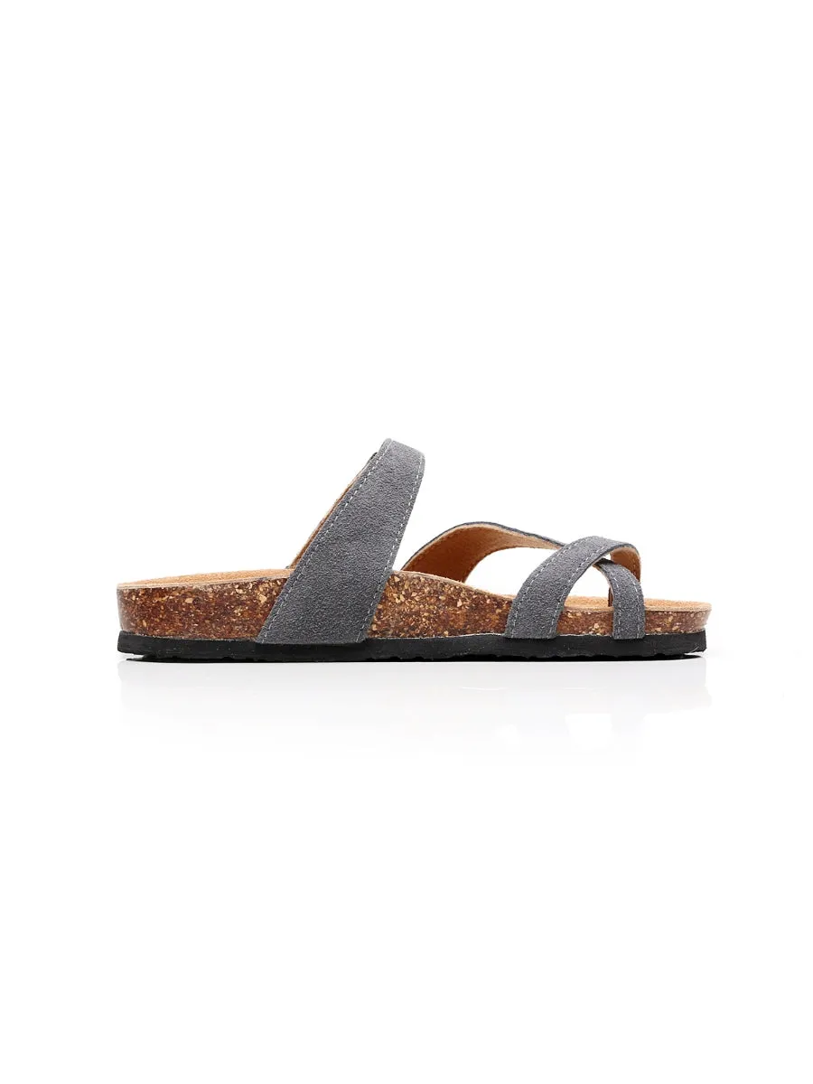 Grey Buckle-Accent Suede Upper Sandal