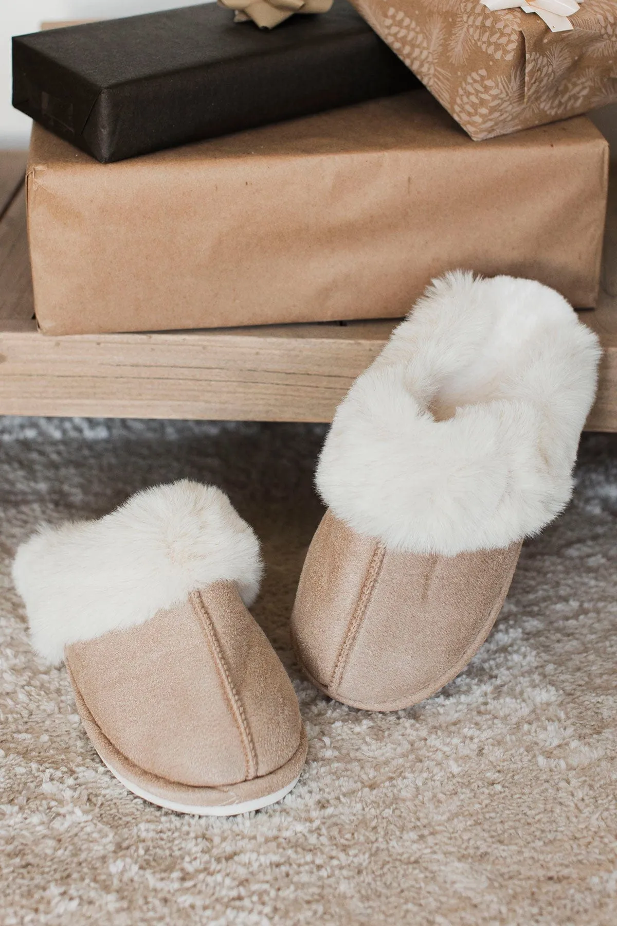 Happy At Home Faux Fur Slippers- Dark Taupe
