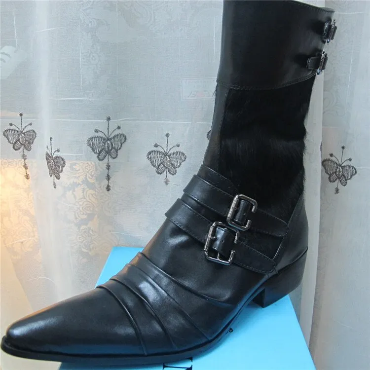 Italian Men Knee High Boots Black White High Top Work Studded Cowboy Boots Mens Steel Pointed Toe Fur Motorcycle Shoes Man
