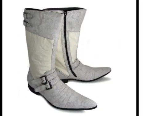 Italian Men Knee High Boots Black White High Top Work Studded Cowboy Boots Mens Steel Pointed Toe Fur Motorcycle Shoes Man