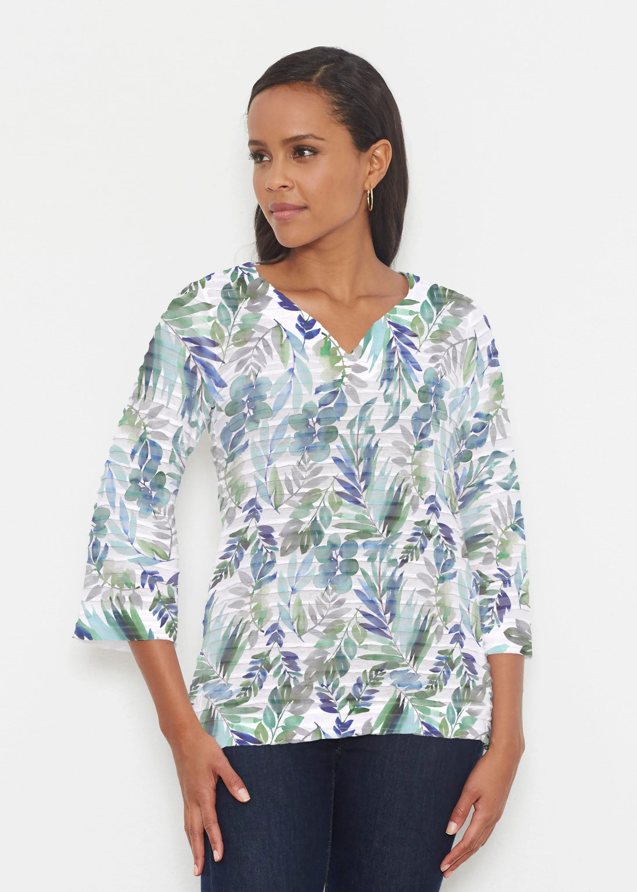 Leah Leaves (16258) ~ Banded 3/4 Bell-Sleeve V-Neck Tunic