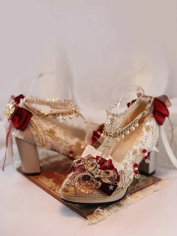 Lolita Wedding Dress Lolita Footwear Ecru White Lace Flowers Chains PU Leather Chunky Heel Lolita Shoes