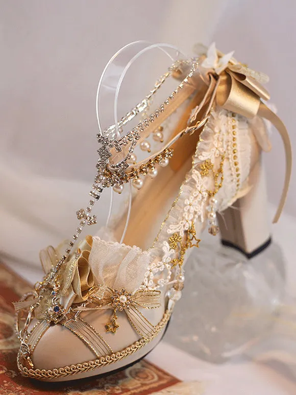 Lolita Wedding Dress Lolita Footwear Ecru White Lace Flowers Chains PU Leather Chunky Heel Lolita Shoes