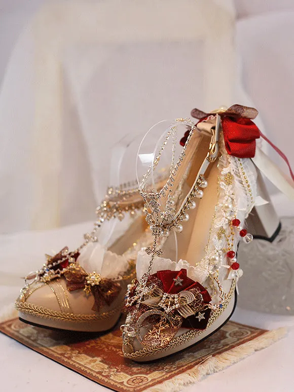 Lolita Wedding Dress Lolita Footwear Ecru White Lace Flowers Chains PU Leather Chunky Heel Lolita Shoes