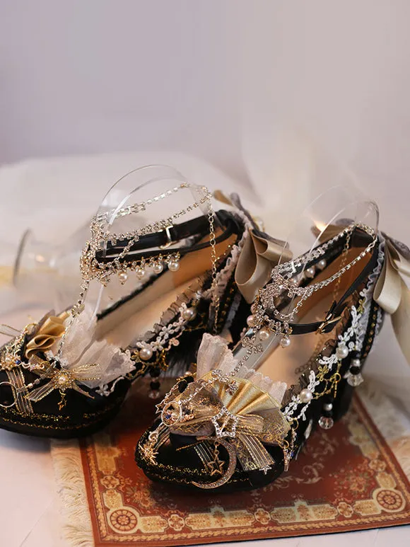 Lolita Wedding Dress Lolita Footwear Ecru White Lace Flowers Chains PU Leather Chunky Heel Lolita Shoes