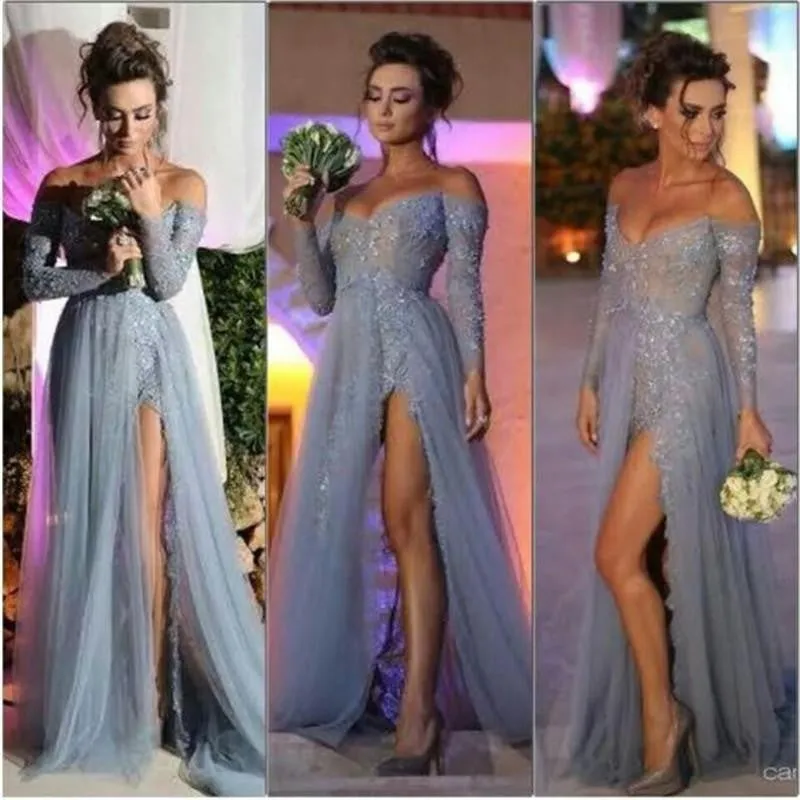 Long Sleeve Stephanie Saliba Dress Off Shoulder Prom Dress Side Slit
