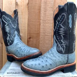 LUCCHESE Ostrich Exotic Crepe Sole Roper Blue Black Cowgirl Cowboy Western Boots