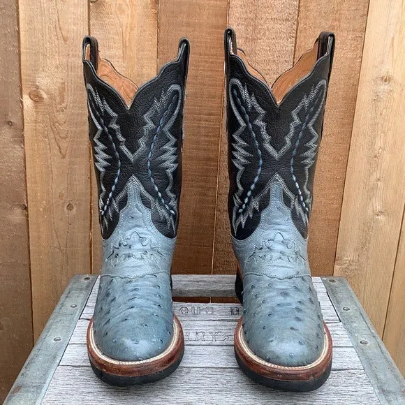 LUCCHESE Ostrich Exotic Crepe Sole Roper Blue Black Cowgirl Cowboy Western Boots