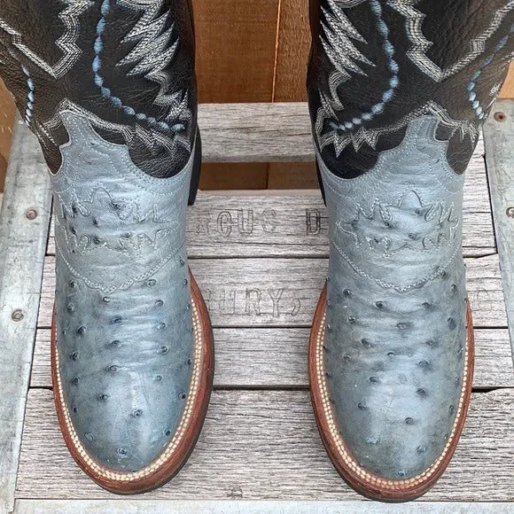 LUCCHESE Ostrich Exotic Crepe Sole Roper Blue Black Cowgirl Cowboy Western Boots
